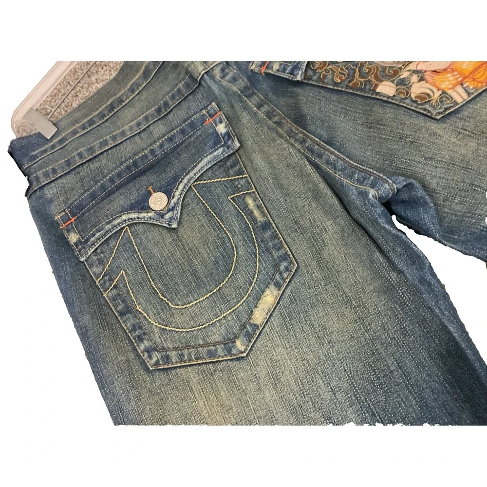 True Religion Flare Twisted Buddha Graphic embroidered‎ pocket USA Y2K